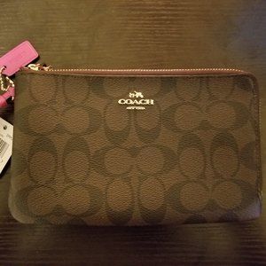 Coach Double Zip Wristlet (Brown/Bright Fuchsia)